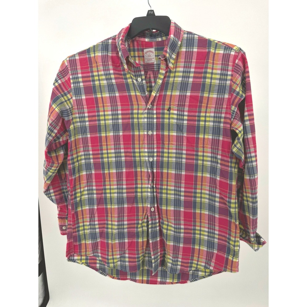 Brooks Brothers 346 Shirt L Pastel Plaid Button Down Shirt‎ Mens Red Yellow Blue